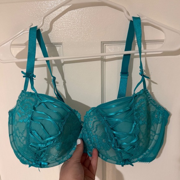 Adore Me Other - Adore Me Teal Lace Corset Detail Underwire Bra 40DD Turquoise Satin Bows